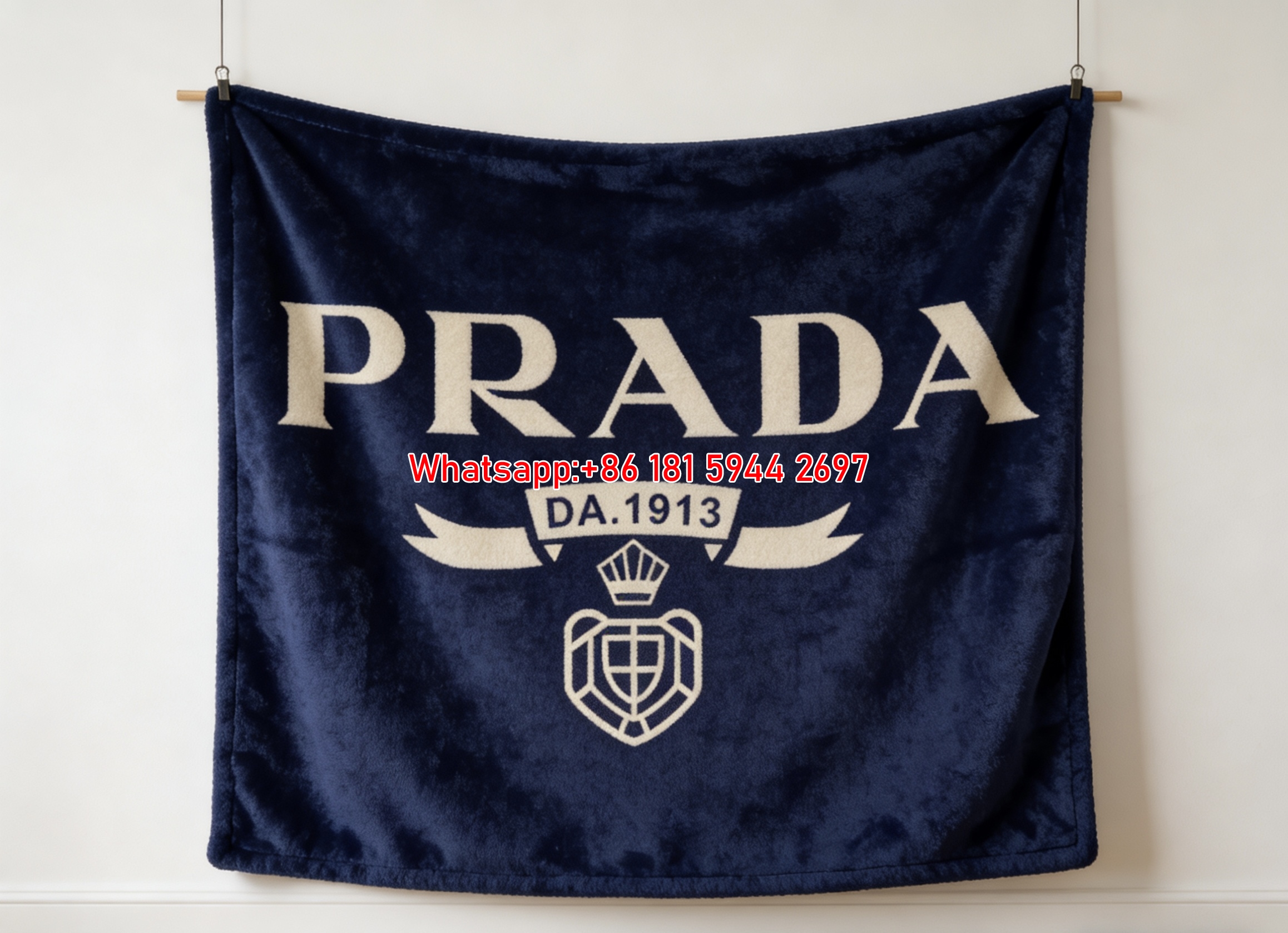 Prada Navy Blue Emblem Logo Printed Flannel Throw Blanket IMG_2758
